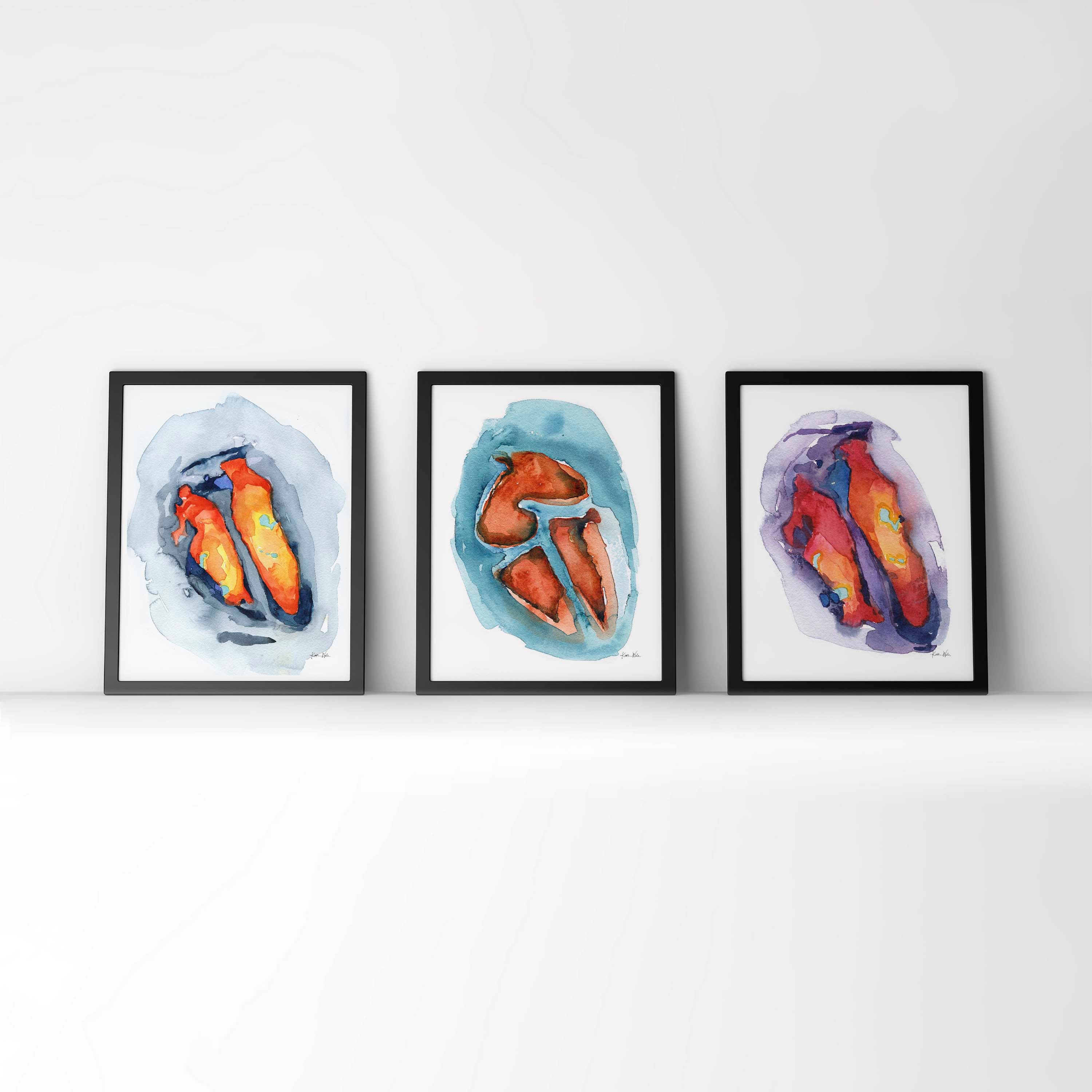 4 Chamber Heart in Scarlet Watercolor Print Set of Three