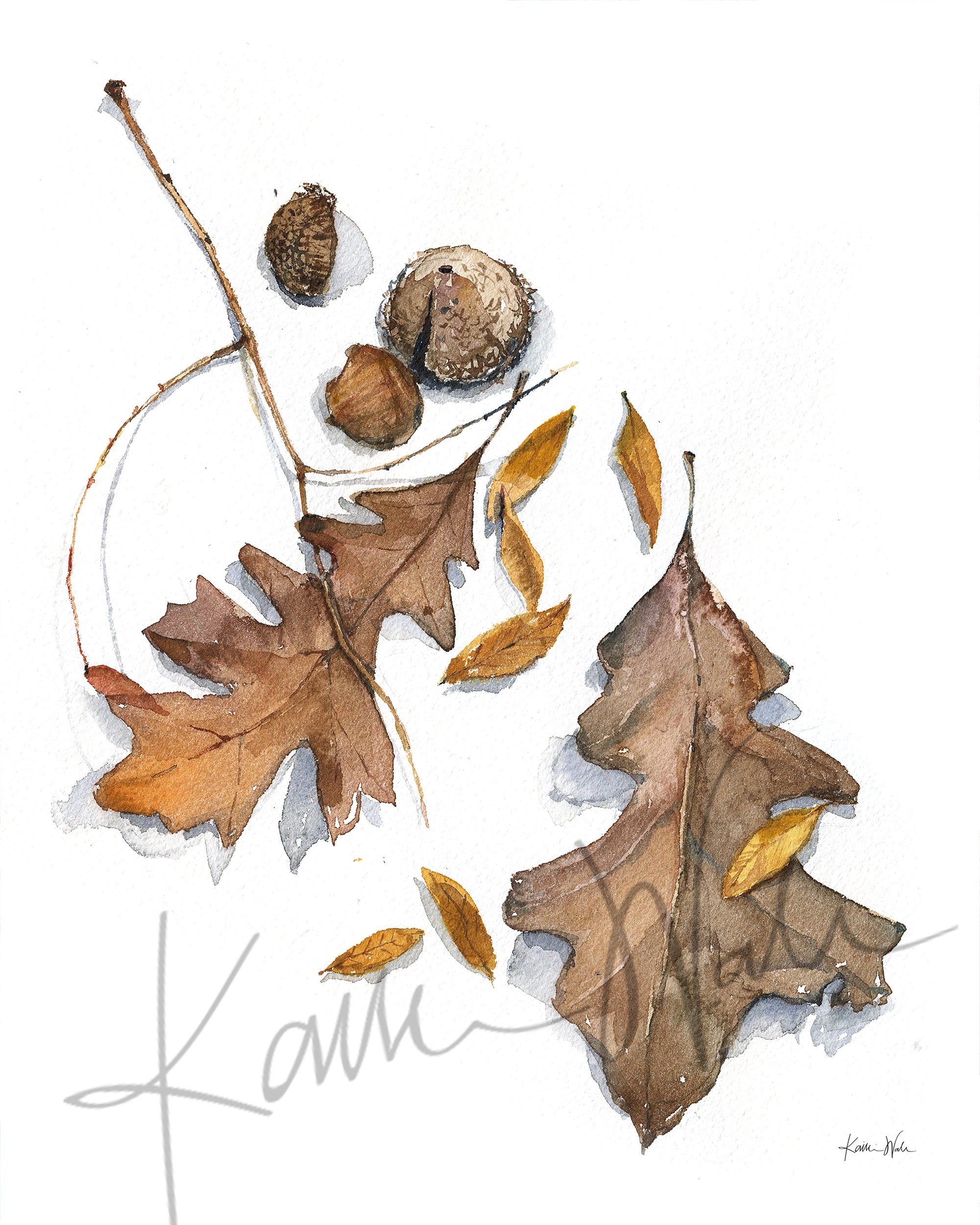 Brown Fall Leaves Watercolor Print