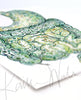 Angled view of a watercolor painting of the stomach and intestines showing the internal gut microbiome.