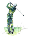 Unframed watercolor painting of a golfer’s anatomy during a golf swing.