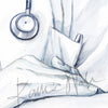 Zoomed in view of a watercolor painting of a doctor holding a patient’s hand in comfort