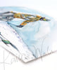 Angled view of a watercolor painting of a skier going down a ski hill with their muscle anatomy showing under their clothing.