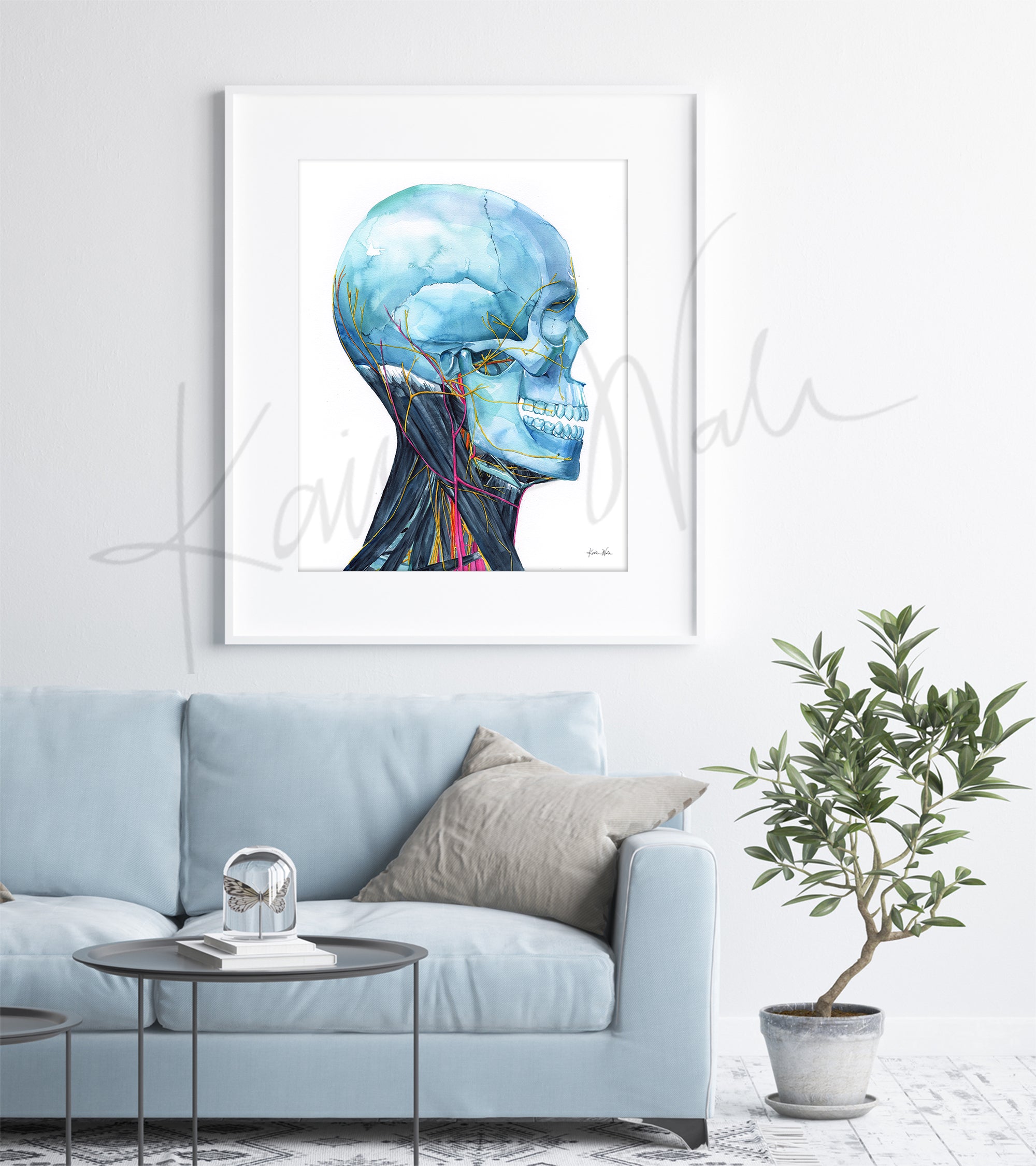 Skull and Neck Profile in Blue Watercolor Print