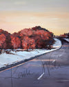 Unframed watercolor painting of a snowy Wisconsin landscape in the spring. 