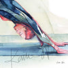 Zoomed in view of a watercolor painting of a woman doing a down dog yoga pose and shows her muscular anatomy within the pose. 