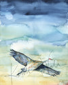 Unframed watercolor painting of a flying crane.