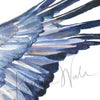 Zoomed in view of a  watercolor of a crane's wings with dark blue and brown feathers.