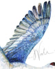 Unframed watercolor diptych of a crane's wing with blue feathers. 