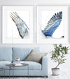 Framed watercolor diptych of a crane's wings. The paintings are hanging over a blue couch.