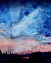 Unframed watercolor painting of a bonfire, night sky, and silhouetted trees.