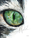 Unframed watercolor painting of a zoomed in perspective of a green cat's eye. The hair surrounding the eye is black and white.