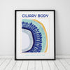  Framed contemporary poster design of the ciliary body in teal, royal blue, orange, and yellow.