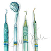 Zoomed in view of a watercolor print of dental hygienist tools.