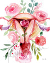 Unframed watercolor painting of a uterus with flowers around.