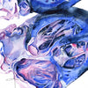 Zoomed in view of a watercolor painting of a heart dissection in pinks, purples, and vibrant blues.