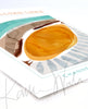 View of a contemporary poster design of the lens in teal, brown, orange, and gray of the lens in teal, brown, orange, and gray. The painting is at an angle.