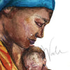 Zoomed in view of a watercolor painting of an african woman holding her premature infant. 