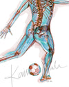 Unframed watercolor painting of a soccer player kicking a ball. Painting shows a soccer player at a muscular and skeletal level.