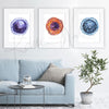 Framed watercolor painting set of stem cells. The painting is hanging over a blue couch.