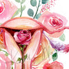 Zoomed in view of a watercolor painting of a uterus with flowers around.