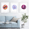 Framed watercolor painting set of different white blood cells. The painting is hanging over a blue couch.