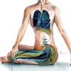 Zoomed in view of a watercolor painting of a woman with her eyes closed in a seated yoga pose.